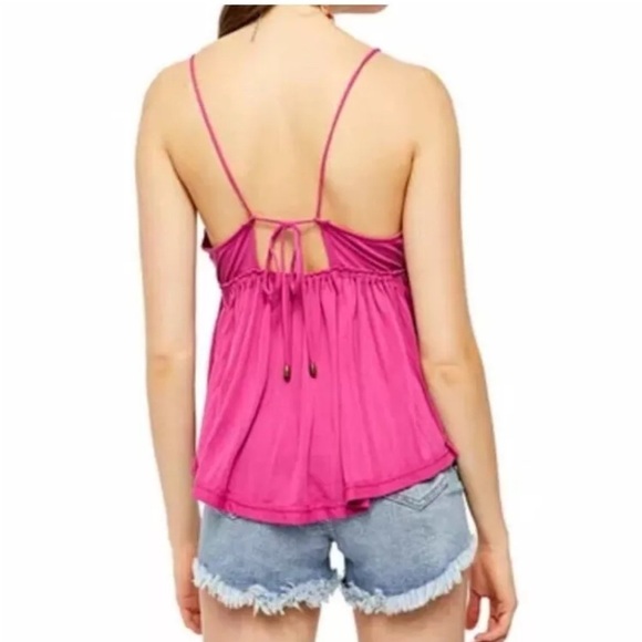 Free People Ruched Magenta Halter Top – Size M, Soft Jersey Knit Boho Cami - Picture 13 of 14
